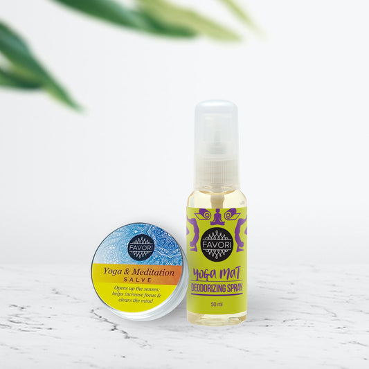 FAVORI Scents' Air Spray(50ml) and Wellness Salve(15g) on a white surface with a plant in the background.