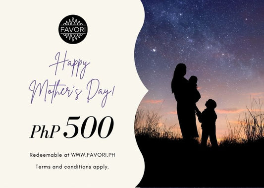 An advertisement featuring a silhouette of a mother and child under a starry sky with the text "Happy Mother's Day" and "php 500 e-Gift Card" in elegant fonts. Includes a FAVORI Scents Mother's Day e-Gift Card.