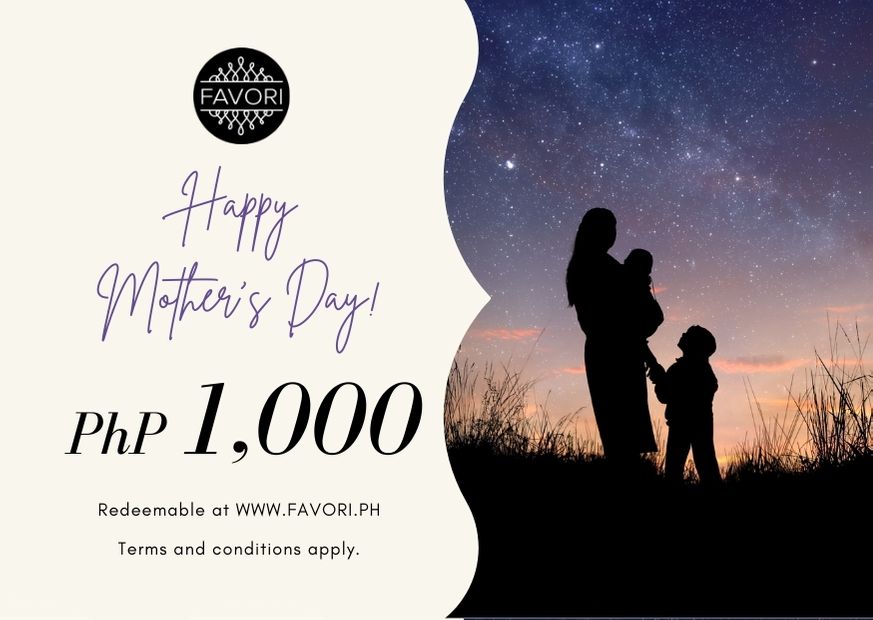 A FAVORI Scents advertisement featuring a silhouette of a mother holding a baby, with a young child standing beside her against a starry night sky. Text reads "Happy Mother's Day" with an e