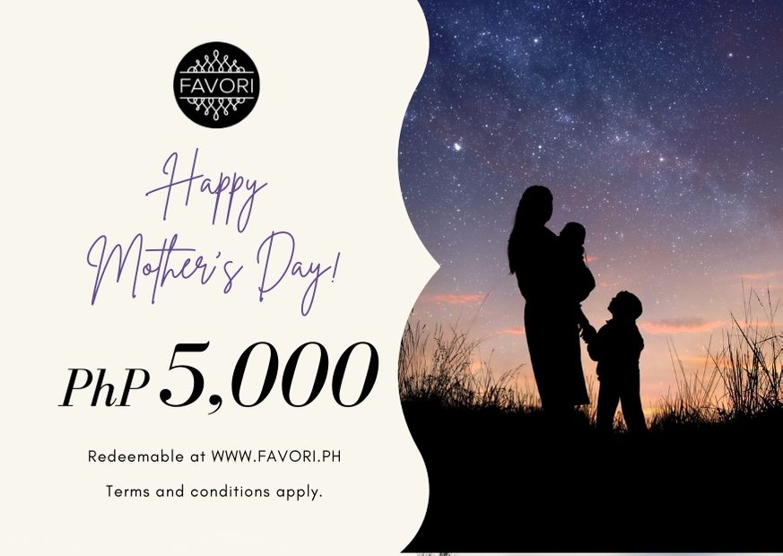 Silhouette of a mother and child under a starry sky with the text "happy Mother's Day", "PHP 5,000", and "redeem this e-Gift Card at www.favoriscents.com
