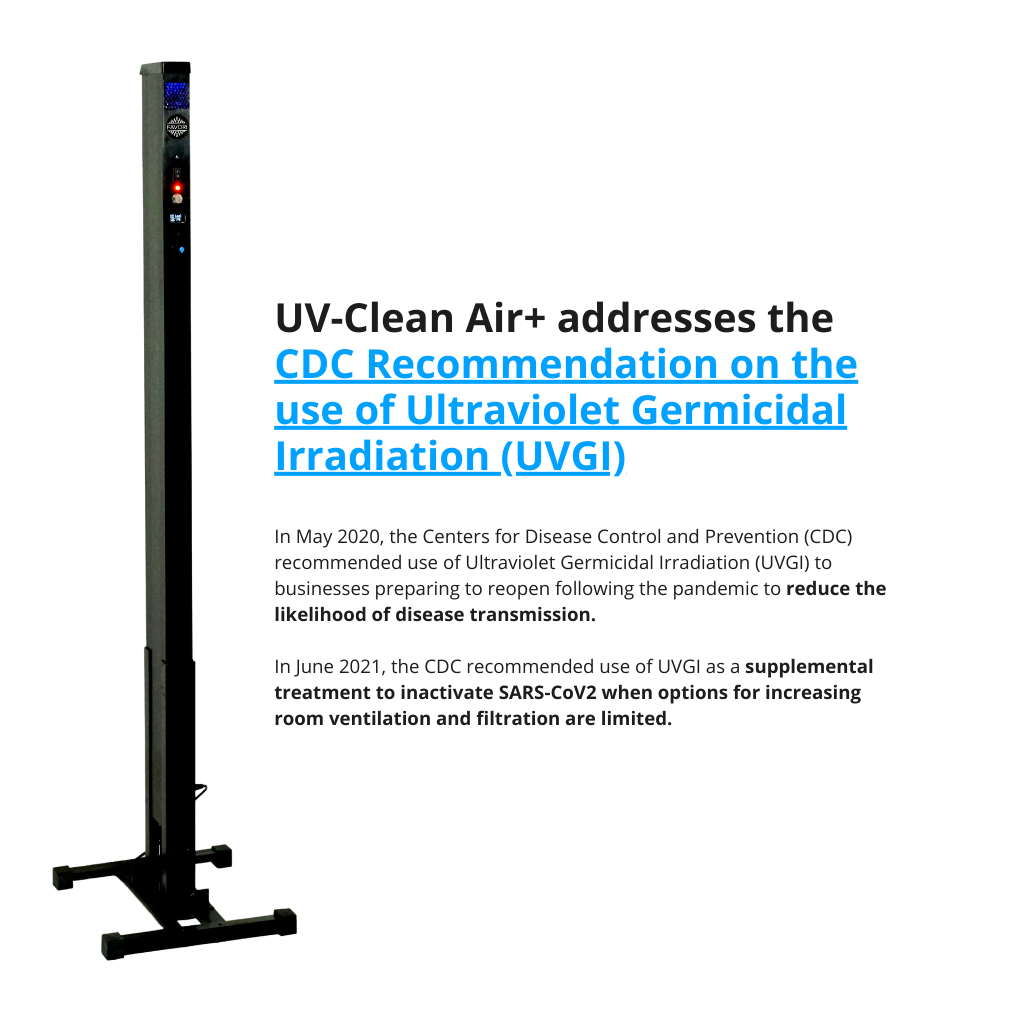 An infographic highlighting the CDC recommendation for using UV-Clean Air Plus by FAVORI Scents as a supplemental treatment in air filtration systems to reduce the spread of airborne viruses.