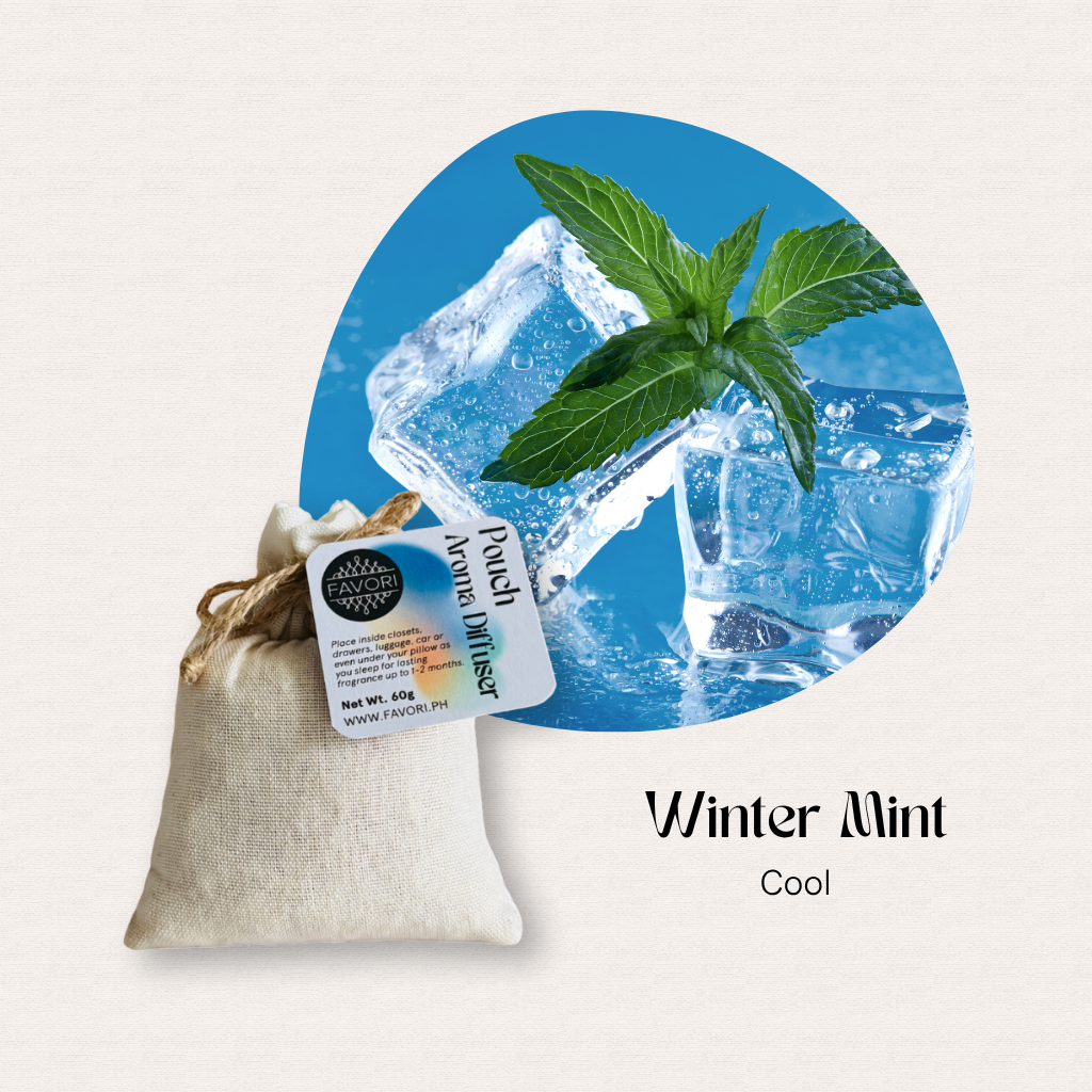 A mint sprig on ice cubes above a FAVORI Scents PAD sachet in Winter Mint, releasing cool water-soluble aroma.