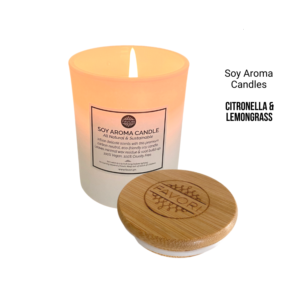Citronella & Lemongrass Soy Aroma Candle (SAC) by FAVORI Scents, featuring a wooden lid.