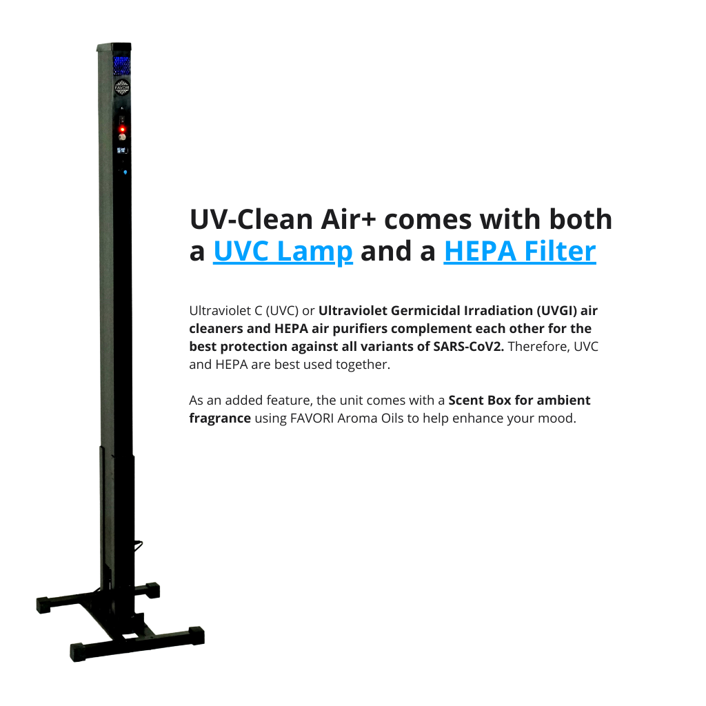 Tower air purifier with UV-Clean Air Plus and HEPA filtration system, featuring an aroma box for your favorite oils by FAVORI Scents.