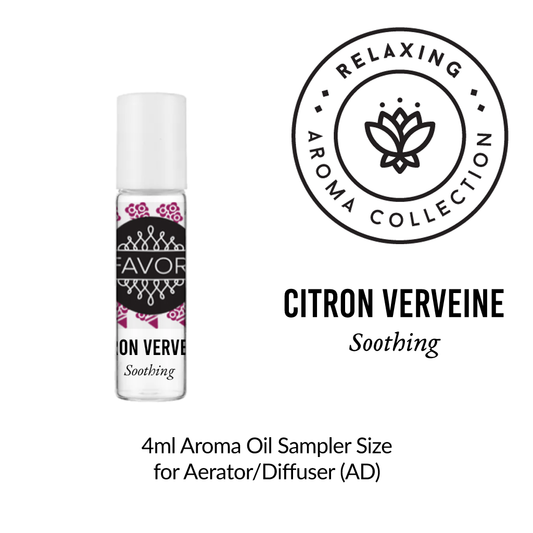 A 4ml bottle of "Citron Verveine Aroma Oil Sampler" from the relaxing aroma collection by FAVORI Scents, featuring a pink and black tribal design label.
