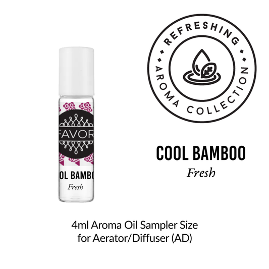 Bottle of FAVORI Scents' "Cool Bamboo Aroma Oil Sampler", labeled 4ml aroma oil, from the refreshing aroma collection, featuring a pink and black design.