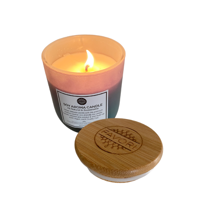 A Berry Kiss Soy Aroma Candle (SAC) by FAVORI Scents with its wooden lid placed beside it on a white background.