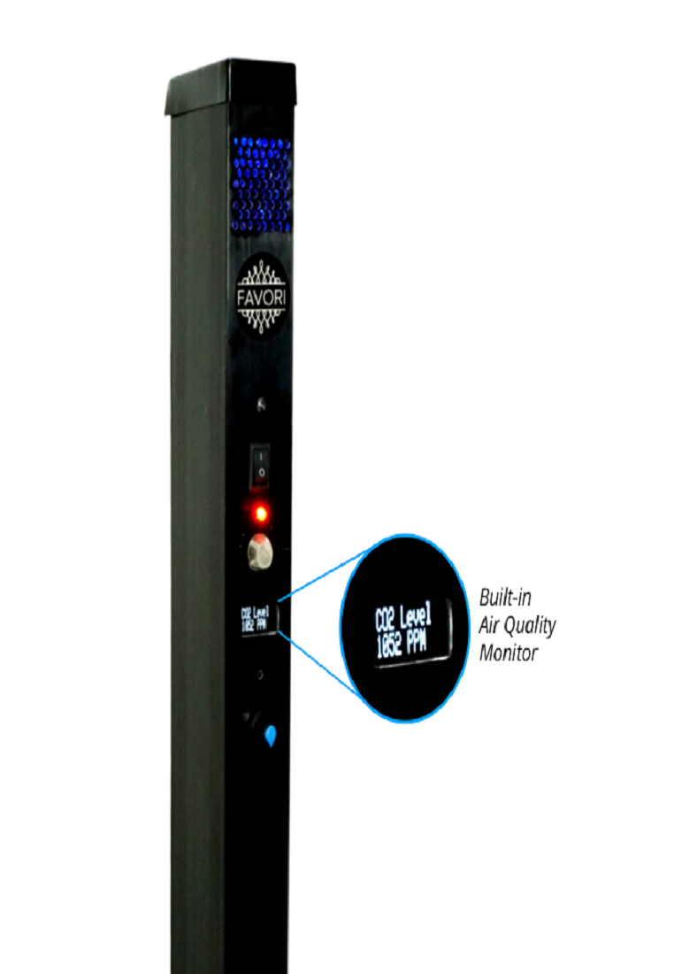 UV-Clean Air Plus tower with built-in co2 level and air quality monitor displaying 1062 ppm, featuring a FAVORI Scents oil dispenser.