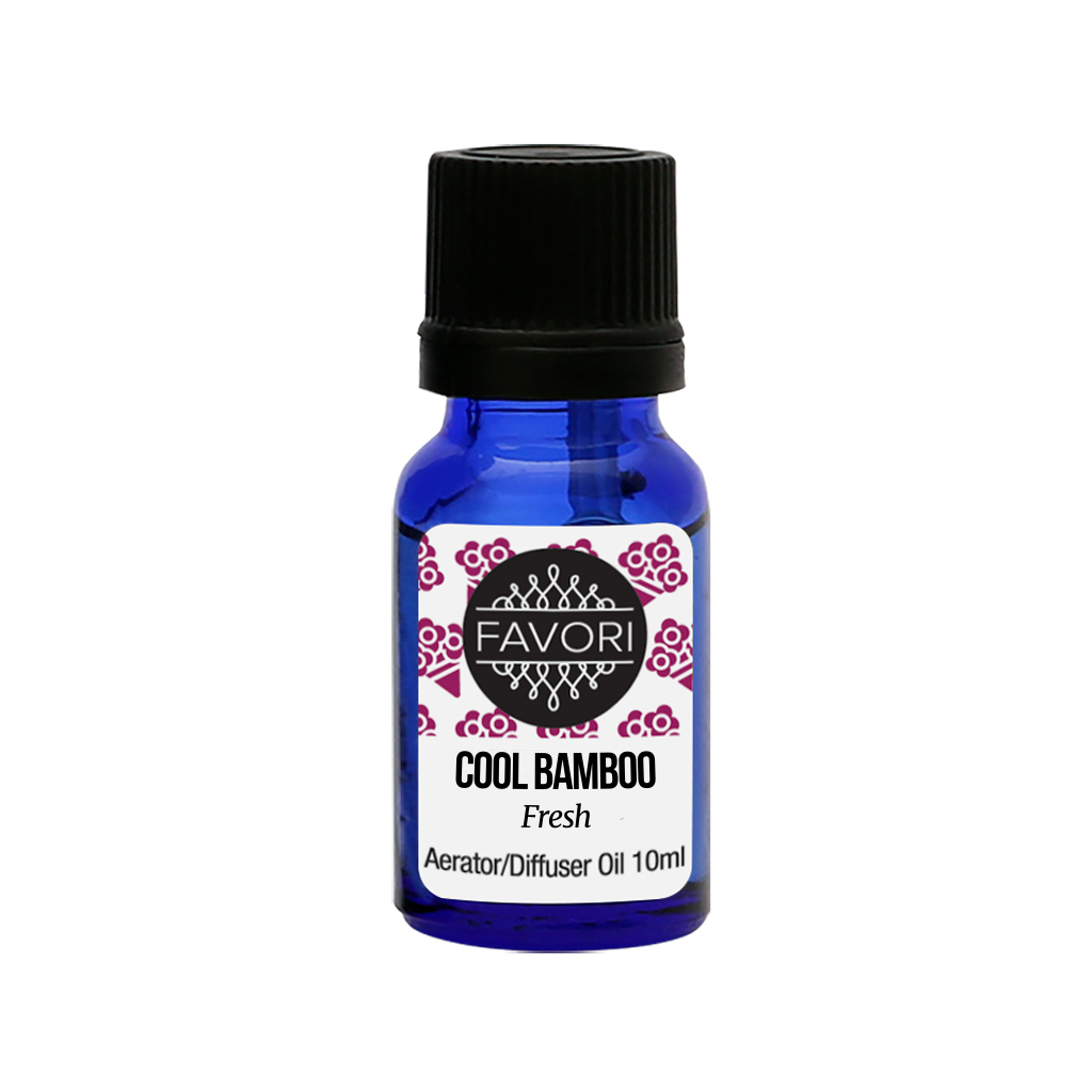 A small blue bottle of FAVORI Scents' "Cool Bamboo Aerator/Diffuser (AD) Aroma Oil", 10ml.