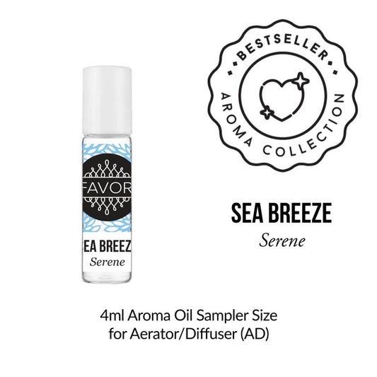 A 4ml bottle of Sea Breeze Aroma Oil Sampler (AOS) from the FAVORI Scents bestseller aroma collection, intended for use with an aerator or diffuser.