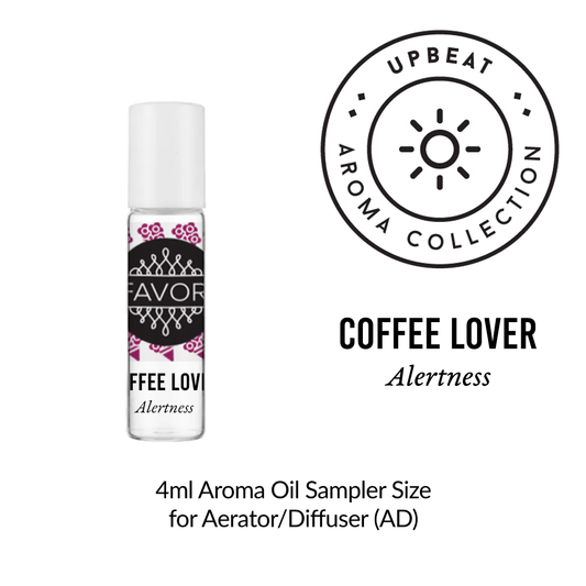 A bottle of Coffee Lover Aroma Oil Sampler from the FAVORI Scents' upbeat aroma collection, designed to promote alertness, 4ml sample size.