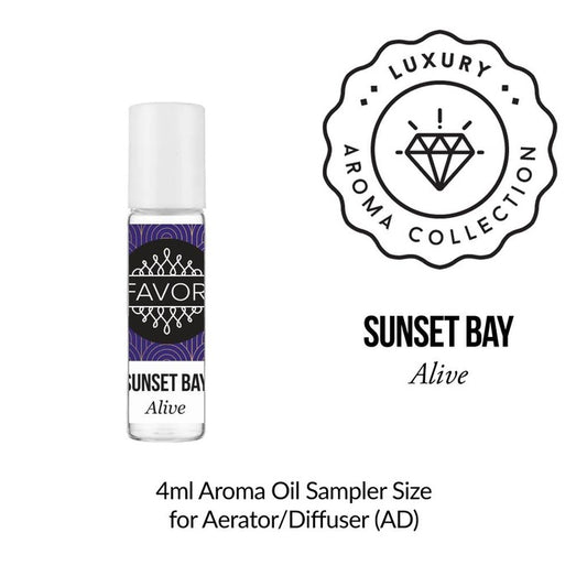 A 4ml sampler bottle of Sunset Bay Aroma Oil Sampler (AOS) from the FAVORI Scents luxury aroma collection, intended for use in an aerator or diffuser.