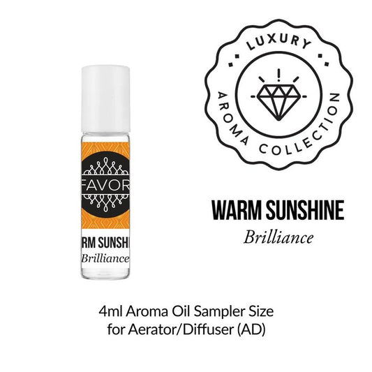 A 4ml bottle of 'Warm Sunshine Aroma Oil Sampler' from the FAVORI Scents luxury aroma collection, suitable for use in an aerator or diffuser.