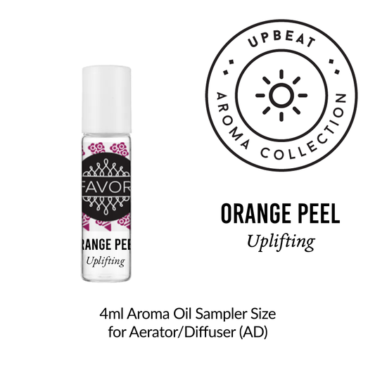 A bottle of Orange Peel Oil Sampler from the FAVORI scents, advertised as uplifting, in a 4ml sample size.