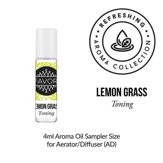 A 4ml bottle of lemon grass toning FAVORI Scents aroma oil sampler (AOS) from the refreshing aroma collection, suitable for an aerator or diffuser.