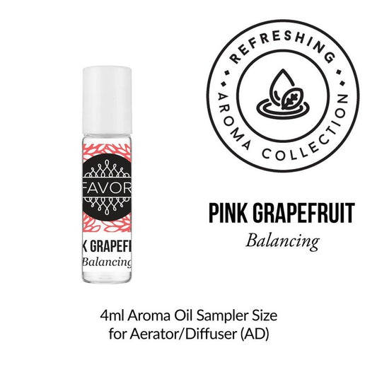 Bottle of Pink Grapefruit Aroma Oil Sampler from FAVORI Scents with "refreshing" caption and indication of 4ml sampler size for diffusers.