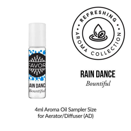 A 4ml bottle of "Rain Dance Aroma Oil Sampler" from the refreshing aroma collection by FAVORI Scents, designed for use in an aerator or diffuser.