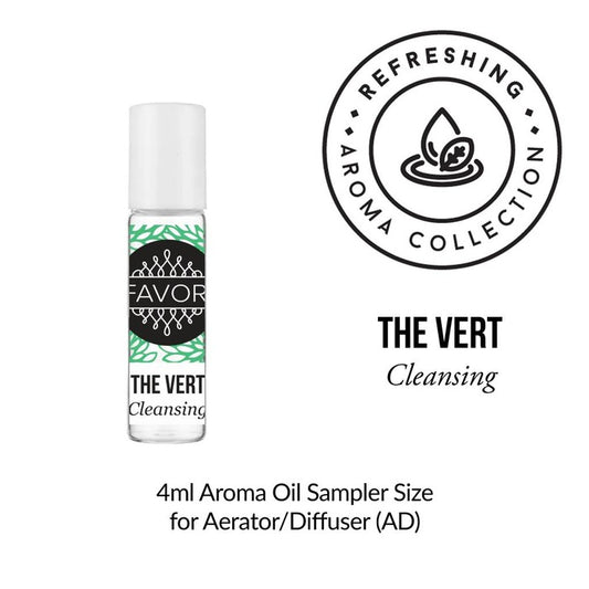 A bottle of "The Vert Aroma Oil Sampler" oil from the refreshing aroma collection, in a 4ml sampler size for aerators or diffusers.