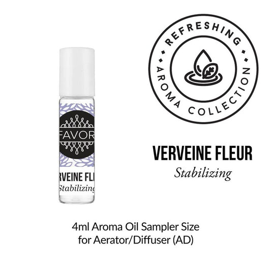 A small bottle of FAVORI Scents' Verveine Fleur Aroma Oil Sampler (AOS) labeled as "stabilizing" from the refreshing aroma collection, intended for use with an aerator or diffuser.