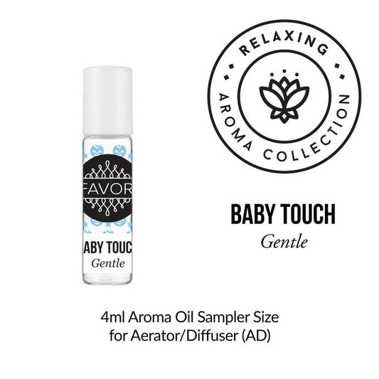 A 4ml bottle of "Baby Touch Aroma Oil Sampler" from the FAVORI Scents relaxing aroma collection for use in aerators or diffusers.