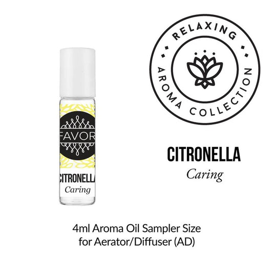 Product display of a 4ml FAVORI Scents Citronella Aroma Oil Sampler (AOS) from the relaxing aroma collection, suitable for use with an aerator or diffuser.