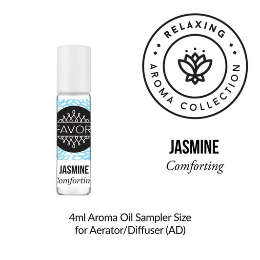 A bottle of Jasmine Aroma Oil Sampler from the FAVORI Scents relaxing aroma collection, labeled as "comforting" in a 4ml sample size for an aromator or diffuser.