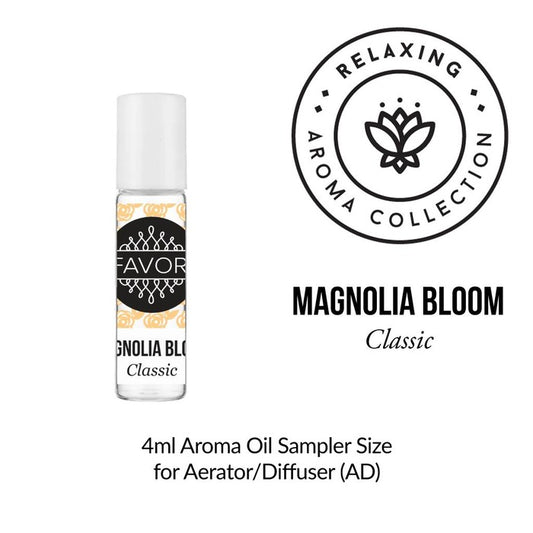 A 4ml bottle of Magnolia Bloom Aroma Oil Sampler from the FAVORI Scents relaxing aroma collection, suitable for use with an aerator or diffuser.