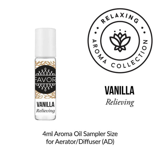 Sentence with replacement: Bottle of FAVORI Scents' Vanilla Aroma Oil Sampler (AOS) from the relaxing aroma collection, 4ml size for diffuser use.