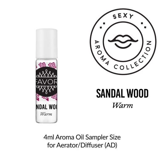 A 4ml bottle of Sandal Wood Aroma Oil Sampler (AOS) from the FAVORI Scents aroma collection labeled as "warm," intended for use with an aroma diffuser.