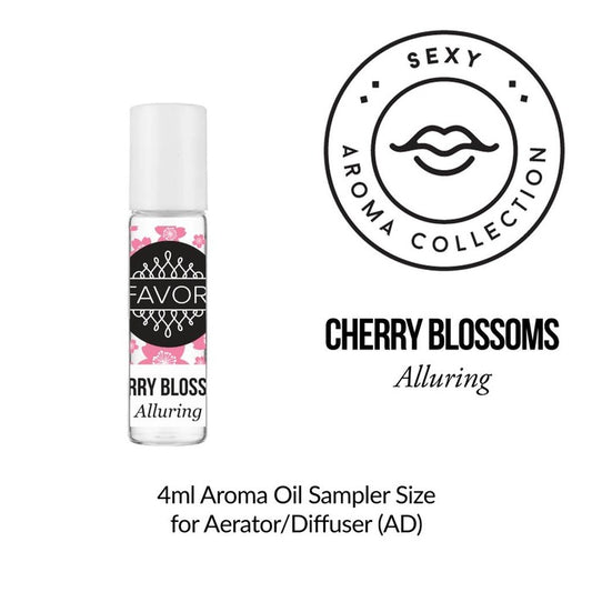 Product advertisement for a 4ml Cherry Blossoms Aroma Oil Sampler (AOS) from the FAVORI Scents sexy aroma collection for aerators or diffusers.
