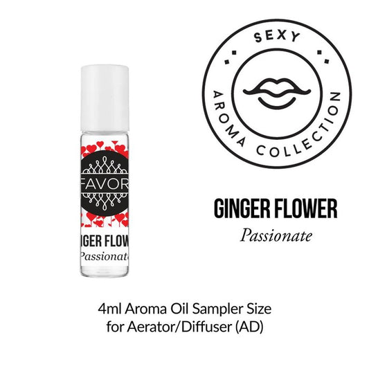 A 4ml sampler bottle of Ginger Flower Aroma Oil Sampler from the FAVORI Scents sexy aroma collection, intended for use with an aerator or diffuser.