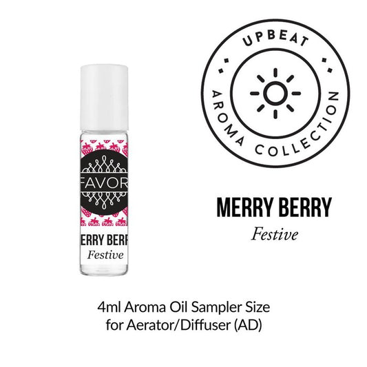 Product display of a 4ml FAVORI Scents Merry Berry Aroma Oil Sampler (AOS) for aerators or diffusers, from the upbeat aroma collection.