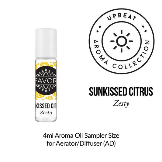 A bottle of Sunkissed Citrus Aroma Oil Sampler from the FAVORI Scents Aroma Collection, suitable for use in an aerator or diffuser, 4ml sample size.