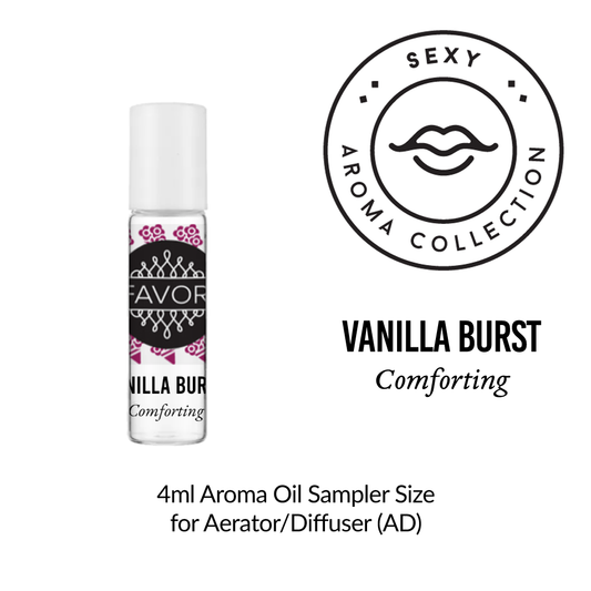 Product display of Vanilla Burst Aroma Oil Sampler from the FAVORI Scents sexy aroma collection in a 4ml spray bottle.