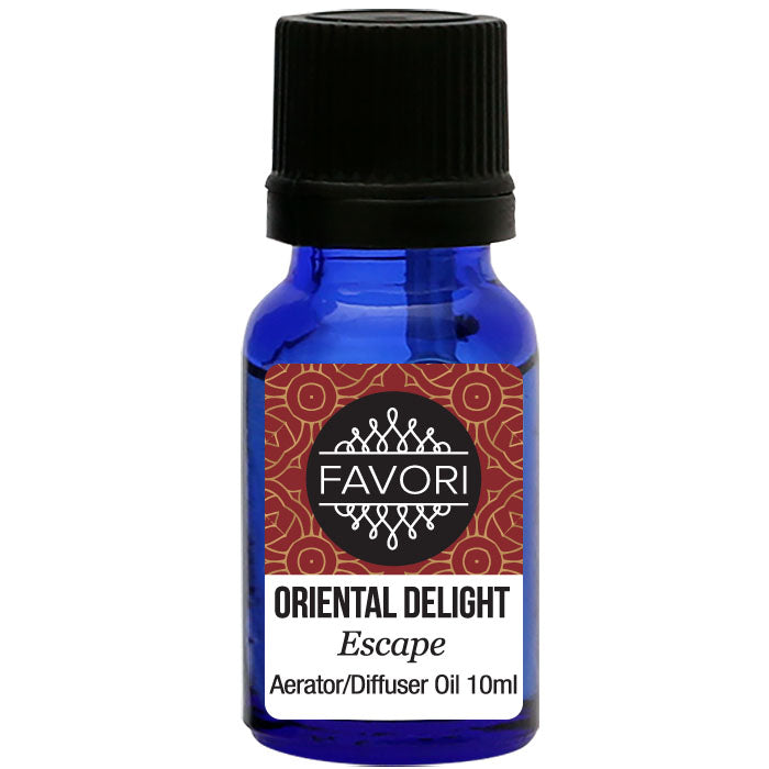 A small bottle of FAVORI Scents Oriental Delight Aerator/Diffuser (AD) Aroma Oil, 10ml.