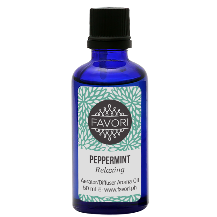 Blue glass bottle of FAVORI Scents Peppermint Aerator/Diffuser (AD) Aroma Oil, 50 ml.