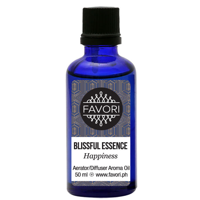 A blue bottle of FAVORI Scents' Blissful Essence Aerator/Diffuser (AD) aroma oil.