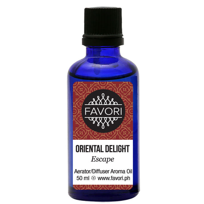 A bottle of "Oriental Delight Aerator/Diffuser (AD) Aroma Oil" from FAVORI Scents, 50 ml.
