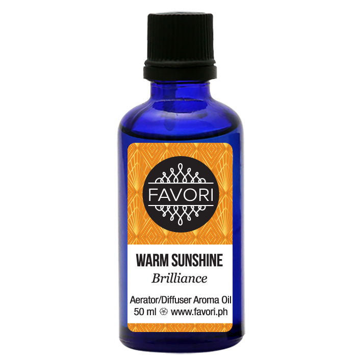 Blue bottle of FAVORI Scents "Warm Sunshine Aerator/Diffuser (AD) Aroma Oil" for diffusers, 50 ml.
