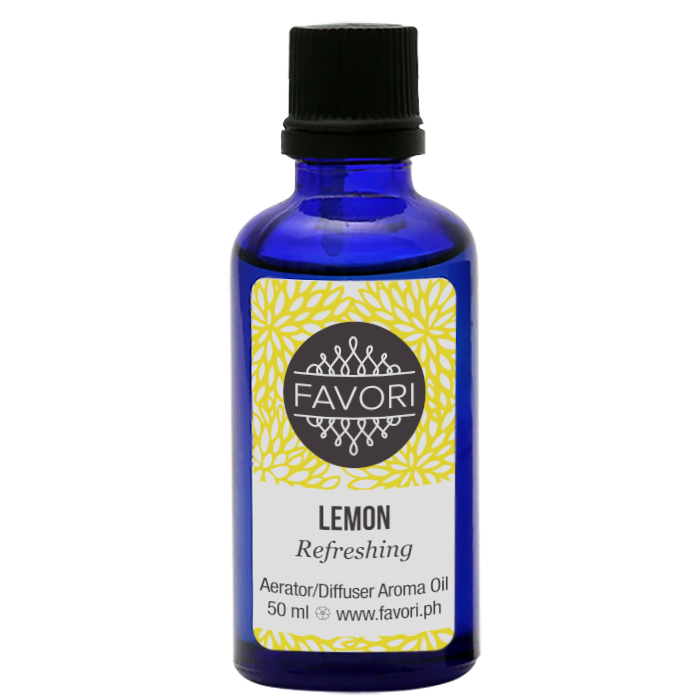 A blue bottle of FAVORI Scents Lemon Aerator/Diffuser (AD) aroma oil with a yellow and white label.
