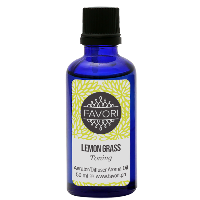 Blue glass bottle of FAVORI Scents Lemon Grass Aerator/Diffuser (AD) Aroma Oil with a capacity of 50 ml.