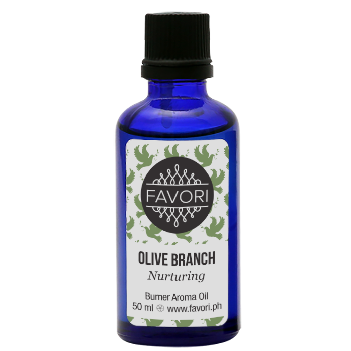 Blue glass bottle of FAVORI Scents Olive Branch Aerator/Diffuser (AD) Aroma Oil.
