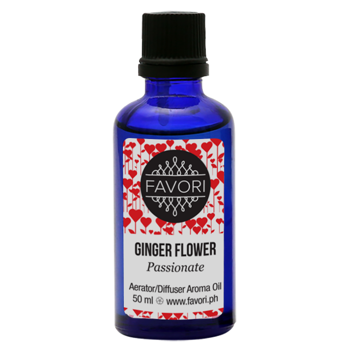 A blue bottle of FAVORI Scents Ginger Flower Aerator/Diffuser (AD) Aroma Oil, 50 ml.