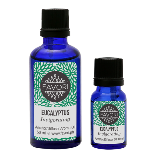 Two bottles of FAVORI eucalyptus invigorating Aerator/Diffuser (AD) Aroma Oil in different sizes.
