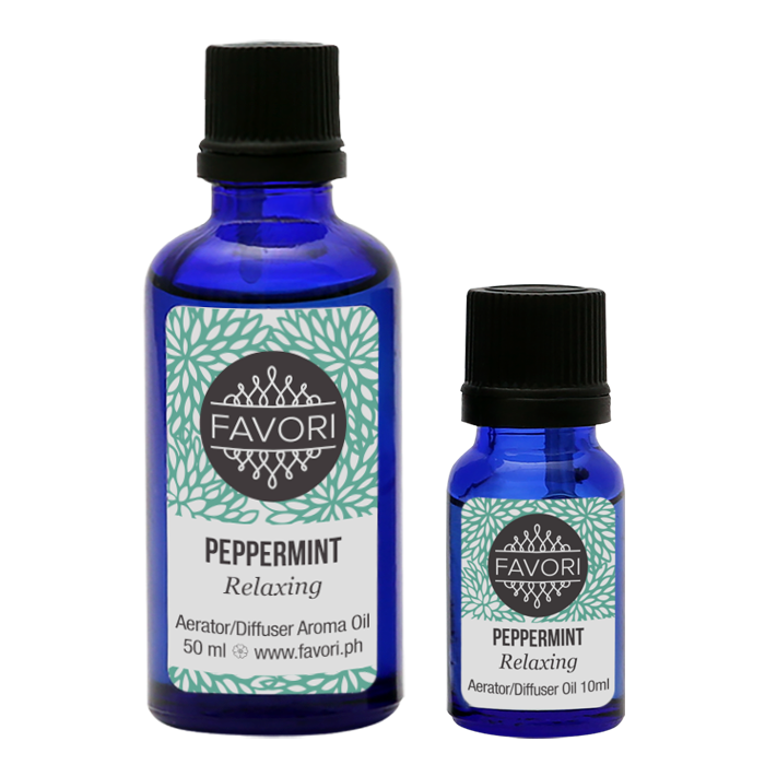 Two bottles of FAVORI Scents Peppermint Aerator/Diffuser (AD) Aroma Oil in different sizes with a relaxing blend for aromatherapy diffusers.