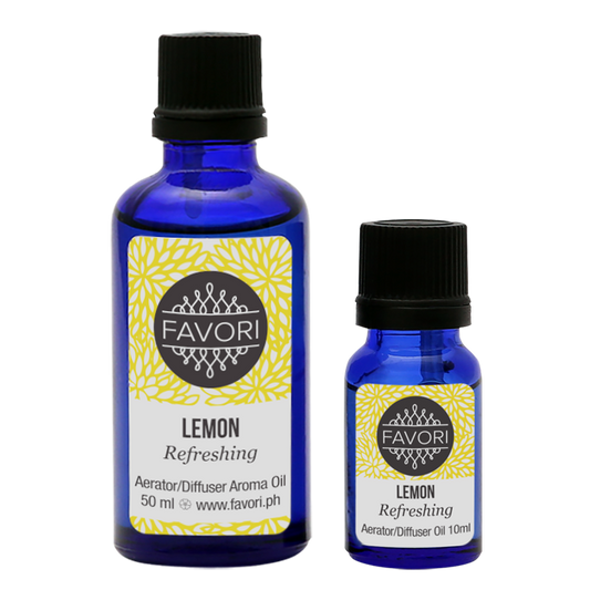 Two bottles of FAVORI Scents Lemon AD Aroma Oil in different sizes.
