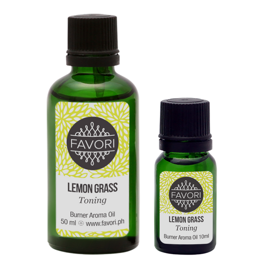 Two bottles of FAVORI Scents Lemon Grass (BR) Burner Aroma Oil, one larger at 50 ml and one smaller at 10 ml, against a white background.