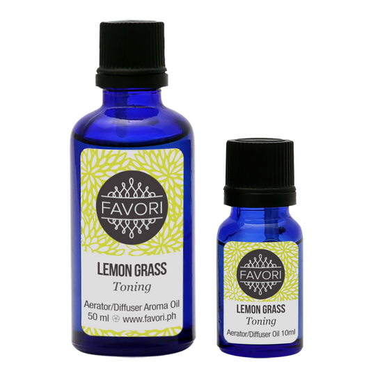Two bottles of FAVORI Scents Lemon Grass Aerator/Diffuser (AD) Aroma Oil in different sizes against a white background.