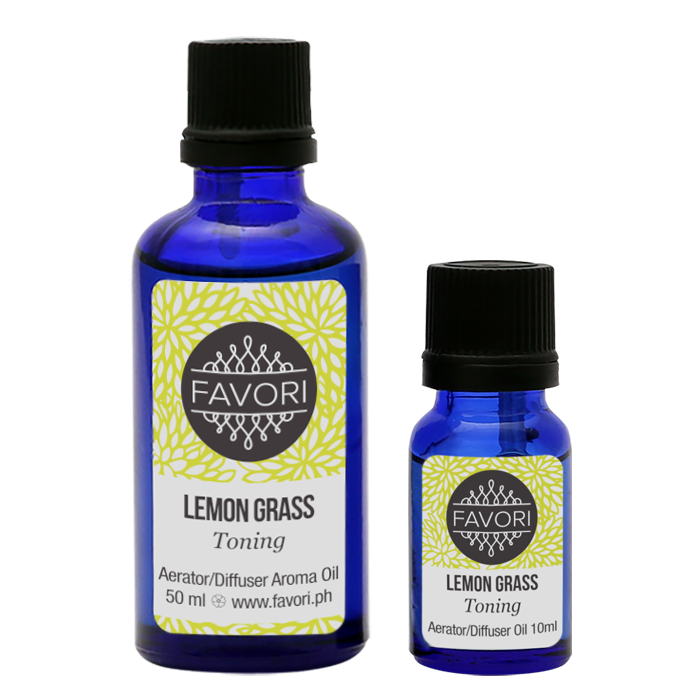Two bottles of FAVORI Scents Lemon Grass Aerator/Diffuser (AD) Aroma Oil in different sizes against a white background.