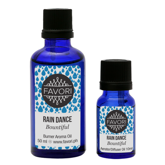 Two sizes of the Rain Dance Aerator/Diffuser (AD) aroma oil bottles by FAVORI Scents with a blue and white label design.